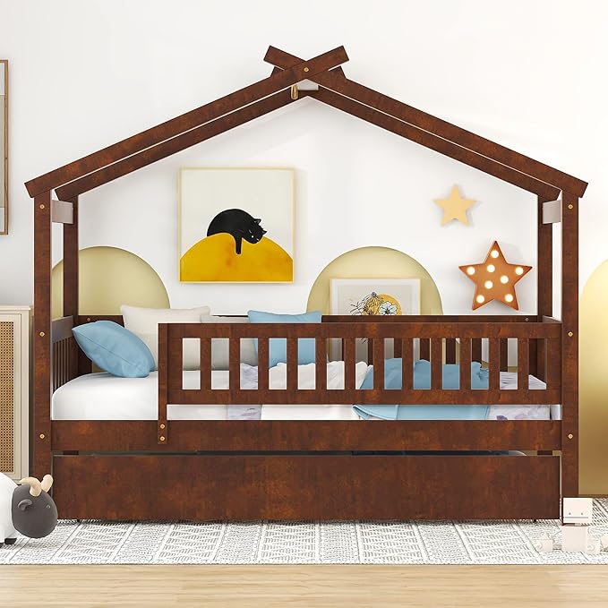 Merax Twin Size Wooden House Bed with Twin Size Trundle, Wood Bed Frame with Roof and Safety Guardrail for Kids, Teens, Boys or Girls, Walnut