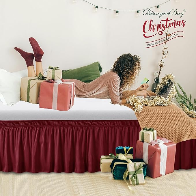 Biscaynebay Wrap Around Bed Skirts for Queen Beds 19" Long Drop, Burgundy Adjustable Elastic Dust Ruffles Easy Fit Wrinkle & Fade Resistant Silky Luxurious Fabric Solid Machine Washable