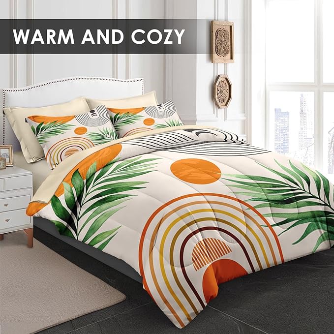 5 Pcs Twin Size Comforter Set with Pillowcase & Sham, Contemporary Mid Century Bedding for Kids and Adults, Rainbow Sun Boho Geometric Bed in a Bag with Flat Fitted Sheet