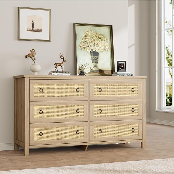 IDEALHOUSE Rattan Dresser for Bedroom with 6 Drawers, 47'' Wide Chest of Large Drawers with Large Clothes Storage Cabinet, Wood Bedroom Dresser, TV Stand for Nursery, Living Room, Hallway