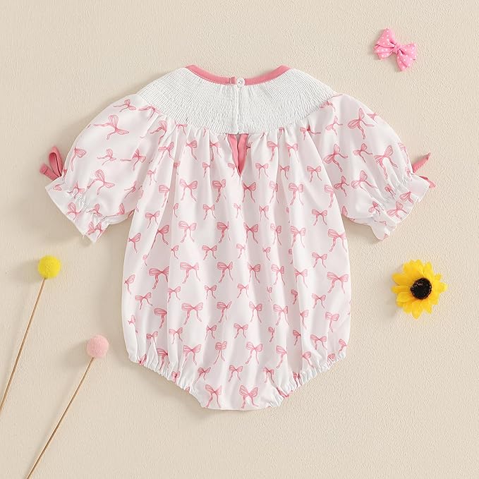 Newborn Baby Girl Romper Mamas Mini Bow Plaid Print Puff Sleeve Smocked Bubble Romper Jumpsuit Bodysuit Clothes