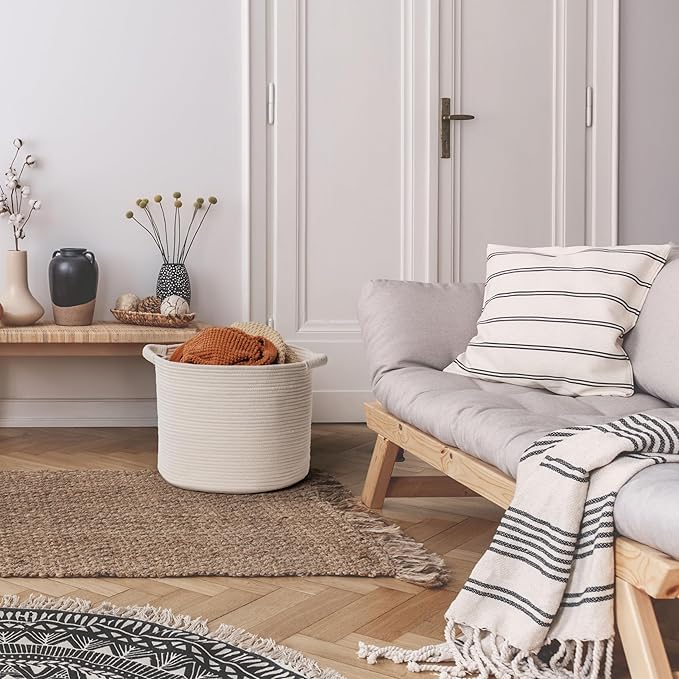 Blanket Basket - Woven Round Rope Storage Basket (16"Wx14"H) for Blankets & Throws, Small Laundry & Toy Organizer, Decorative Living Room & Bedroom Cotton Basket - White