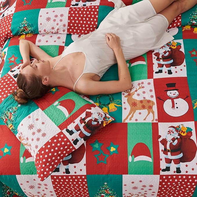 Christmas Bedding Set King Size Christmas Quilt Bedspread Holiday Xmas Bedding Plaid Patchwork Rustic Lodge Cabin Snowman Santa Claus Festival Decor Lightweight Reversible Bedspread Coverlet Red