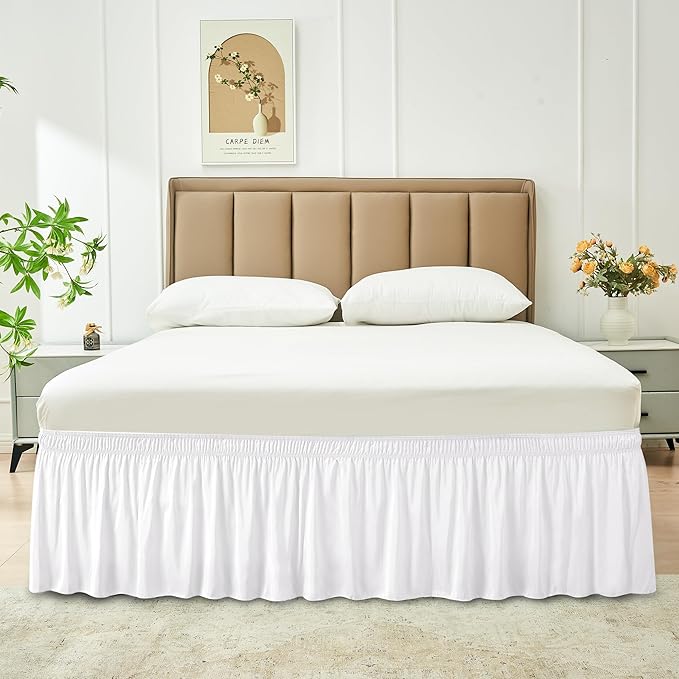 Biscaynebay Wrap Around Bed Skirts for Full & Full XL Beds 22" Long Drop, White Adjustable Elastic Dust Ruffles Easy Fit Wrinkle Resistant Silky Luxurious Fabric Machine Washable