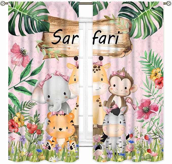 Kids Safari Animals Curtains, Cartoon Giraffe Elephant Monkey Woodland Jungle Tropical Leaf Pink Window Curtains for Boys Girls Baby Living Room Bedroom Nursery Classroom 2 Panels, 63"x63" Inch