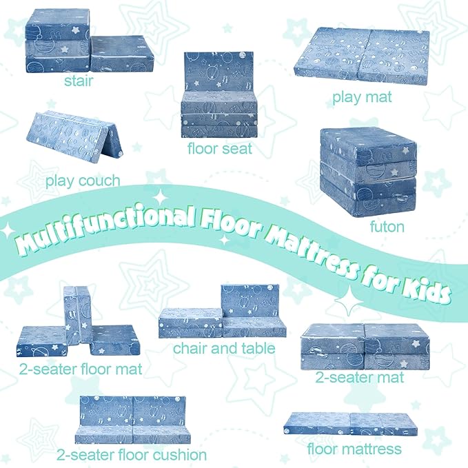 MeMoreCool Foldable Floor Mattress for Kids, Glow Toddler Nap Mat for Sleeping and Daycare, Portable Trifold Futon Mattress Floor Bed, Blue Space