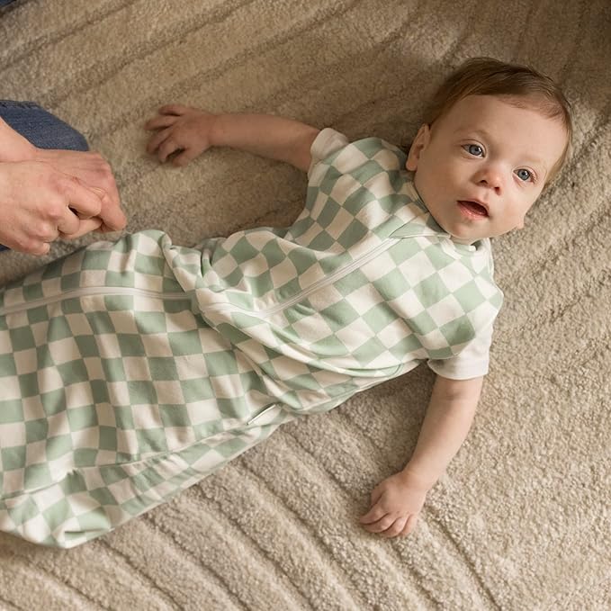 Tiny Twinkle Baby Sleep Sack 3-6 Months 1.0 TOG | Cotton & Elastane Wearable Blanket, Swaddle Transition Micro-Fleece, Machine Washable (Sage Checkers)