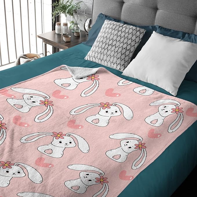 Thuswarm Cute Bunny Pink Flannel Throw Blanket Gifts Warm Cozy Soft Funny Print Blankets for Summer Room Decoration Bed Couch Sofa 50”×40” Small for Kid