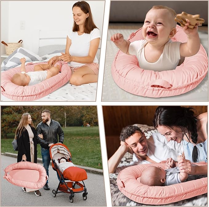 Baby Lounger - Baby Lounger for Newborn 0-24 Months, Soft Breathable Cotton Infant Lounger Cover, Portable Baby Nest for Travel, Newborn Essentials for Baby Girl (Pink)