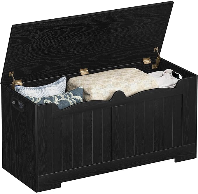 39.4" Storage Chest, Storage Bench Trunk with 2 Hinges,Wooden Box, Lift-Top Chest Organizer, Shoe Bench for Entryway, Bedroom, Living Room, Black SB01004X