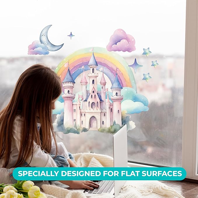 CRYPTONITE Rainbow Wall Decal for Girls Bedroom | Watercolor Castle Vinyl Sticker for Nursery Wall Decor | Cute Stickers for Kids Room, Windows, or Furniture | 3 Sizes (Wide 20" x 18" Height (Small))