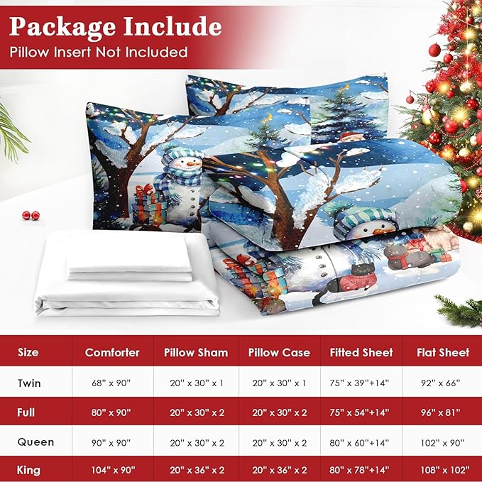 7 Pcs Full Size Christmas Comforter Set with 2 Pillowcases & 2 Shams, Cute Blue Snowman Bedding for Kids and Adults, Cold Snowy Night Bed in a Bag with Flat Fitted Sheet