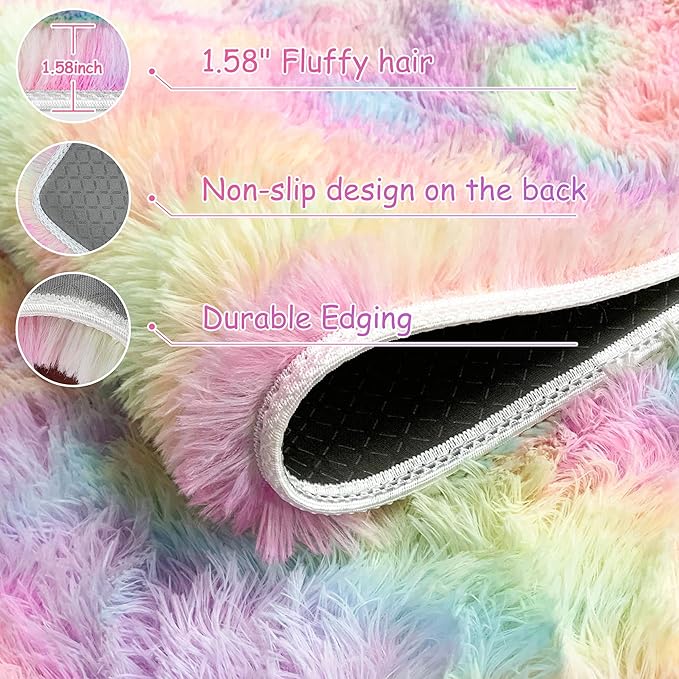 4x6 Soft Fluffy Unicorn Rainbow Rug for Girls Bedroom Kids Colorful Plush Area Rugs Cute Floor Carpets Shaggy Playing Mat for Kids Baby Girls Room Nursery Home Decor
