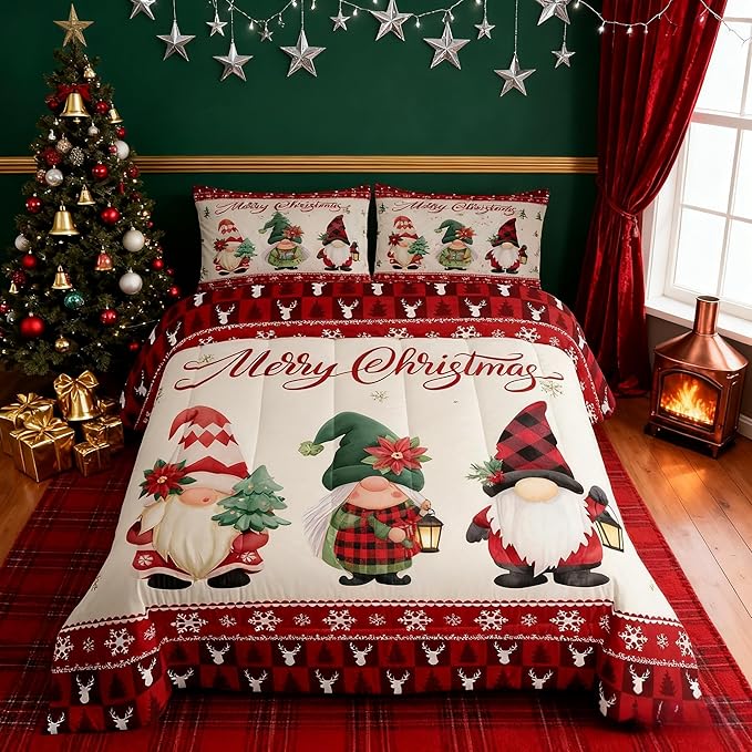 Merry Christmas Kids Comforter Set Full Size,Deer Antler Santa Claus Bedding,Girls Boys Adults Bedroom/Xmas Cabin Decor,Snowflake Pine Trees Plaid Down Comforter,Rustic Duvet Insert,2 Pillowcases