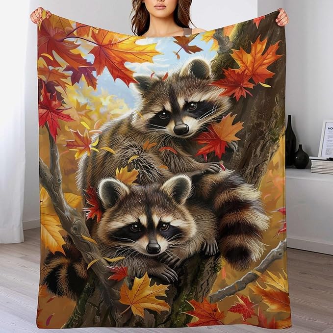 Raccoon Blanket Funny Raccoons Gifts for Girls Boys Woman Kids Raccoon Lover Maple Leaf Throw Blankets Soft Blanket Warm Fleece Flannel Plush Blankets for Bed Sofa Couch 40"x50"