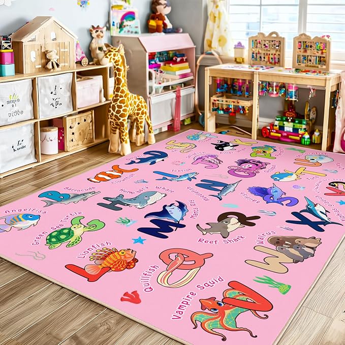 Kids Rug for Playroom, 8x10 Ft Educational Rug for Learn The ABC Alphabet, Soft Machine Washable Non-Slip Cute Marine Organisms Carpet for Classroom Toddler Nursery Kids Room Decor Mat, Pink