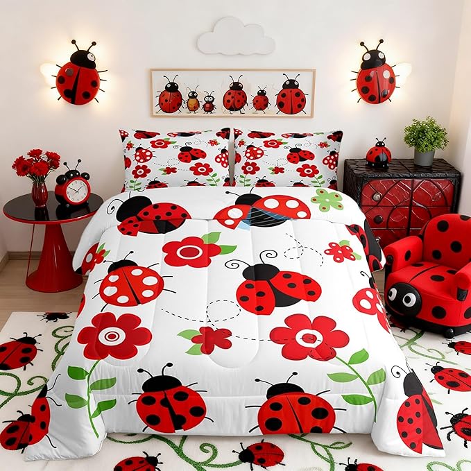 Ladybug Comforter Set for Teens Red Floral and Animal Bedding Set Cute Bug Bedding Home Decor for Kids Comforter Twin Size 2 Pcs Entomology Quilted Duvet Set 1 Comforter with 1 Pillowcase