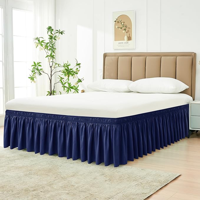 Biscaynebay Wrap Around Bed Skirts for Queen Beds 17" Long Drop, Navy Adjustable Elastic Dust Ruffles Easy Fit Wrinkle & Fade Resistant Silky Luxurious Fabric Solid Machine Washable