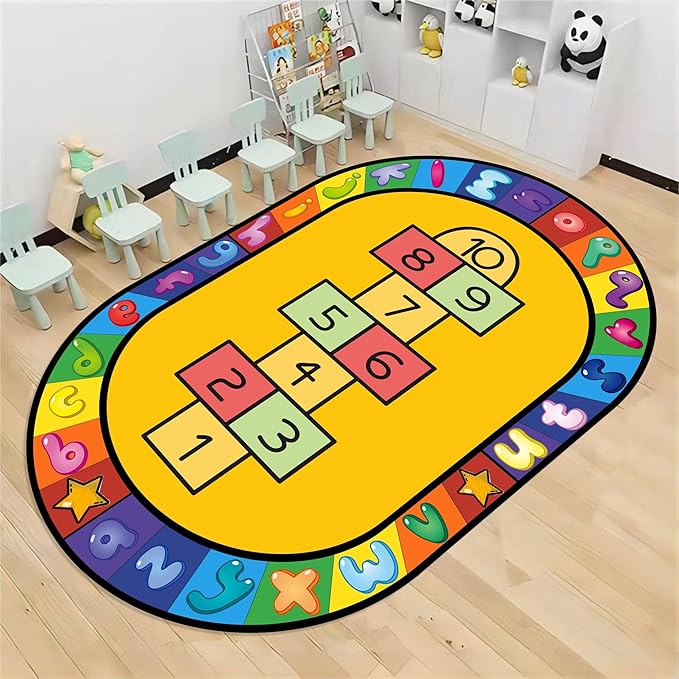 Kids Play Area Rug, 4x6ft, Hopscotch Rug for Boys & Girls, Alphabets and Numbers Educational Learning & Fun Game Oval Rug, Soft Non-Slip Early Learning Rug for School Classroom Kids Room