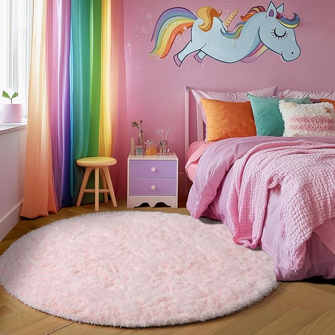 Amdrebio Light Pink Round Rug 4Ft for Girls Bedroom, Fluffy Circle Area Rugs for Kids Room Decor Aesthetic, Cute Shag Fuzzy Carpet for Nursery, Preppy Dorm, Classroom, Playroom, Teen, Baby, Washable