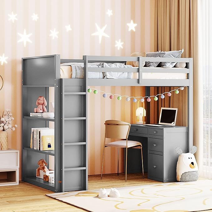 CITYLIGHT Twin Loft Bed with Desk and Shelves,Wooden Twin Size Loft Bed with Desk and Storage Drawers, Space Saving Loft Bed Twin for Kids Girls Boys (Twin,Grey)