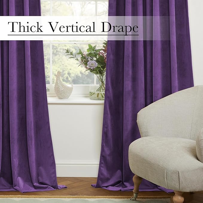 StangH Purple Velvet Curtains Room Darkening Thermal Insulated Drapes for Bedroom Living Room, Super Soft Velvet Window Treatment with Rod Pocket Back Tab, 52x108 inches, 2 Panels