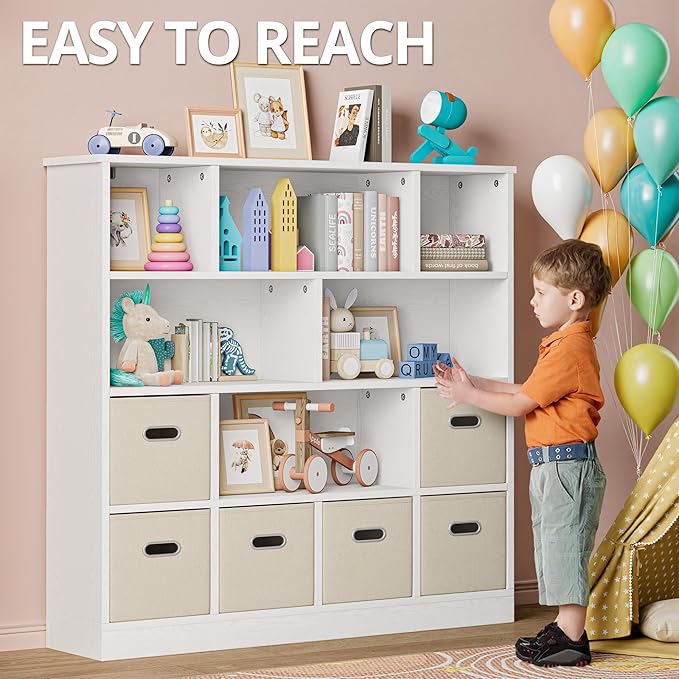 IRONCK Toy Storage Organizer with 6 Bins, Wooden 4-Tier Floor Standing Open Bookshelf Storage Cubby, 12-Cube Storage Shelf Bookcase, Kids Bookshelf and Toy Storage, Beige
