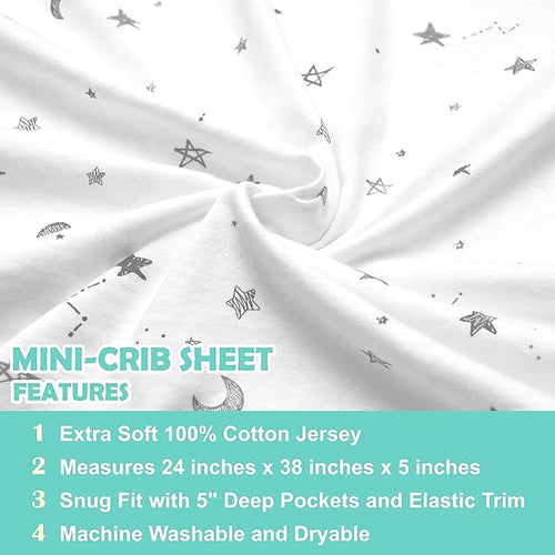 American Baby Company 2 Pack 100% Natural Cotton Fitted Mini Crib Sheets 38" x 24" - Soft & Breathable Small Nesting Portable Sheets, Fits Pack N Play Mattresses, Gray Stars and Gray, for Boys & Girls