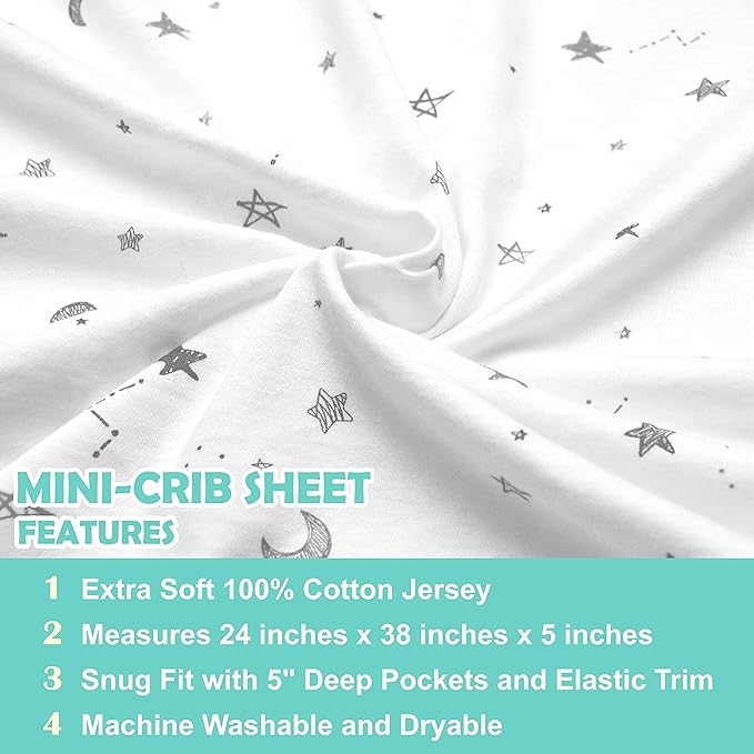 American Baby Company 2 Pack Printed 100% Natural Cotton Jersey Knit Fitted Portable/Mini-Crib Sheet, Gray Star and White, Soft Breathable, for Boys and Girls