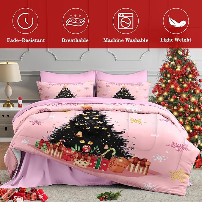 7 Pcs King Size Christmas Comforter Set with 2 Pillowcases & 2 Shams, Black Cat Xmas Trees Bedding for Kids and Adults, Pink Snowflakes Bed in a Bag with Flat Fitted Sheet