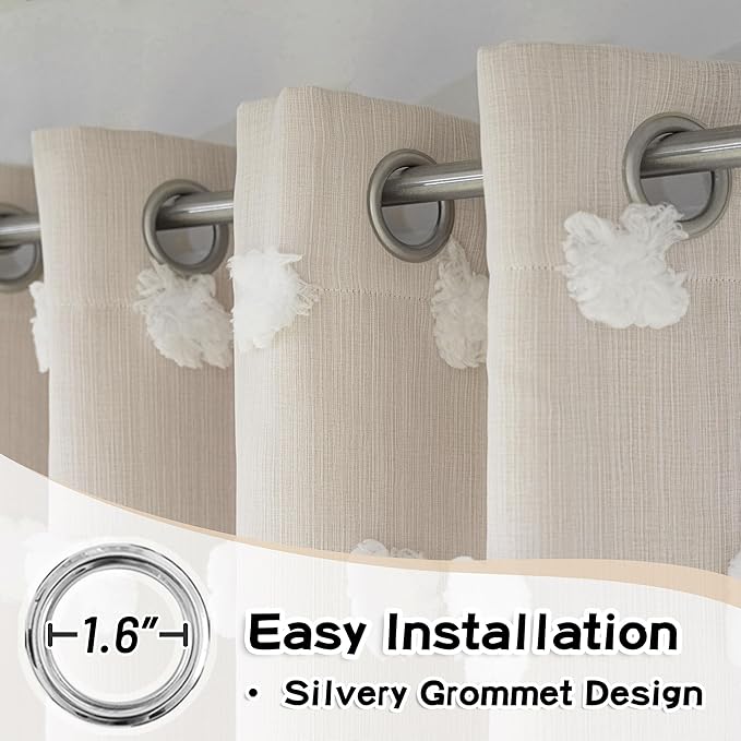 MYSKY HOME Beige Curtains for Living Room 90 Inches Long Nursery Curtains for Bedroom Double Layer Curtains White Pom Pom Sheer Curtains for Dining Room Grommet Room Darkening Window Panels W52 X L90