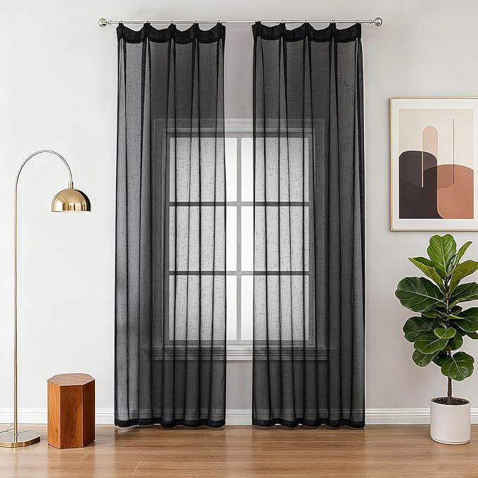 Black Linen Look Sheer Curtains 96 Inches Long 2 Panels, Rustic Textured Light Filtering Drapes, Dark Moody Window Decor, Pinch Pleat Curtain with Hooks