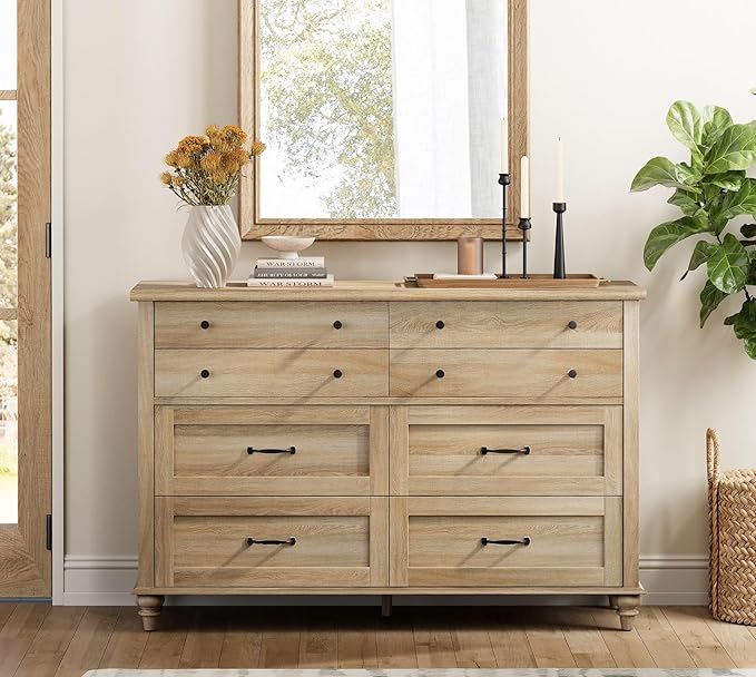 WAMPAT Baby Dresser with 8 Drawers for Kids Room, Farmhouse Kids Dresser Wooden Double Dresser for Bedroom, Wide Dresser Organizer for Children’s Bedroom, Nursery Furniture, 54 Inch, Oak