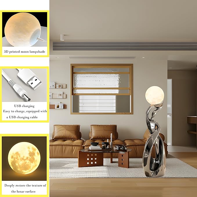 Bofea-Smoky Color Floor Lights,3D Moon Lamp with 9.44 Inch Resin Base,Mood Lighting with Touch Control Brightness for Home Decor, Bedroom Lighting