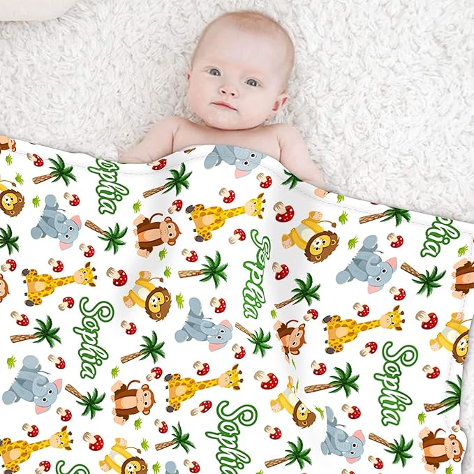 Custom Safari Animals Blanket Gift, Personalized Baby Blanket with Name, Soft Plush Flannel/Sherpa Fleece Throw Blankets for Toddler Kid Teen Boys Girls Color06