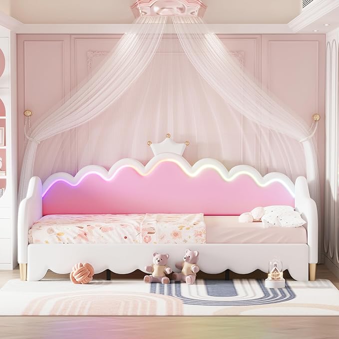 Merax Cute Princess Daybed with Crown Headboard and Light Strips, Twin Size Upholstered Day Bed Frame, Space-Saving Extending Pull Out Sofabed for Kids, Girls' Bedroom, Solid Wood Slats Support, White