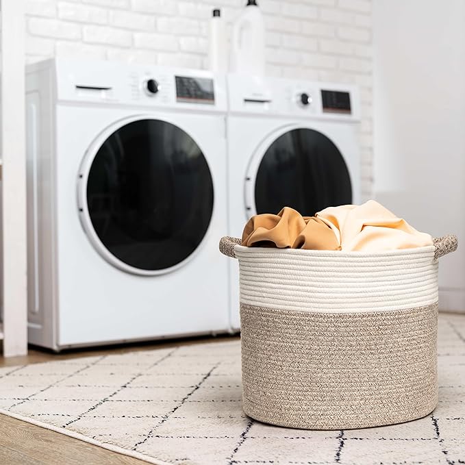 Blanket Basket - Woven Round Rope Storage Basket (16"Wx14"H) for Blankets & Throws, Small Laundry & Toy Organizer, Decorative Living Room & Bedroom Cotton Basket - White & Brown