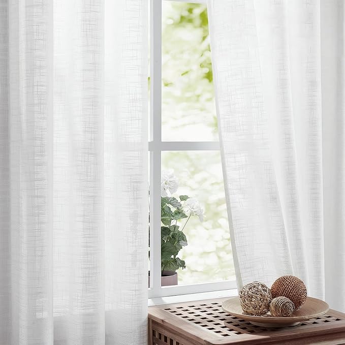 FMFUNCTEX Linen Semi Sheer White Curtains for Bedroom Living Room, Curtain Panels 72 Inches Length Sheer Linen Textured Window Drapes Farmhouse Light Filtering 2 Panels Rod Pocket