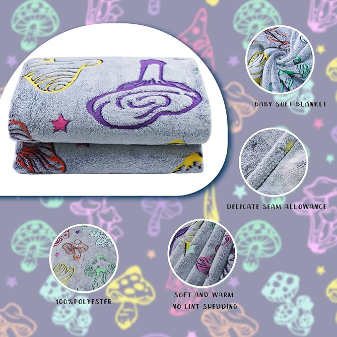 Glow in The Dark Blanket Mushroom Blanket for Kids Adults Soft Flannel Throw Blankets Colorful Luminous Mushroom Blankets for Sofa Couch Living Room Bed Birthday Gifts 40"x50"