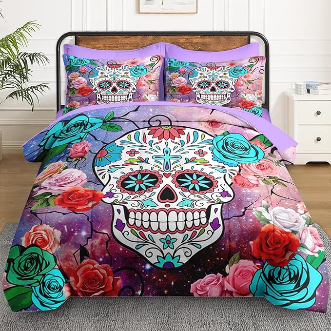7 Pcs King Size Comforter Set with 2 Pillowcases & 2 Shams, Sugar Galaxy Bedding for Kids and Adults, Vintage Skeleton Flower Bed in a Bag with Flat Fitted Sheet