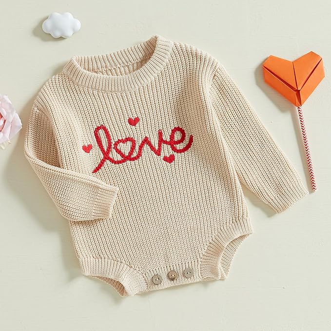 Lesimsam Newborn Baby Boy Girl Valentines Day Outfit Oversized Embroidery Long Sleeve Knit Sweater Bubble Romper Bodysuit