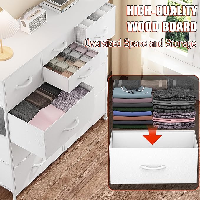10 Drawer Dresser, Chest of Drawers for Bedroom, PU Dresser with Side Pockets, Hooks, Wooden Top and Sturdy Metal Frame for Living Room, Closet, Hallway (White)