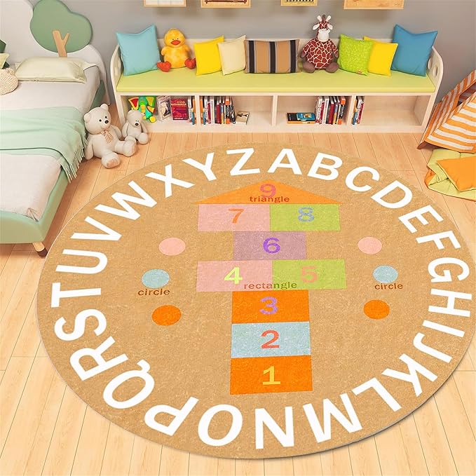 Children's Game Round Rug,3.3ft,ABC Alphabet Rug, Fun and Educational Hopscotchrug, Soft Non-Slip Children's Room Rug for Classroom, Nursery, Playroom, Playmat