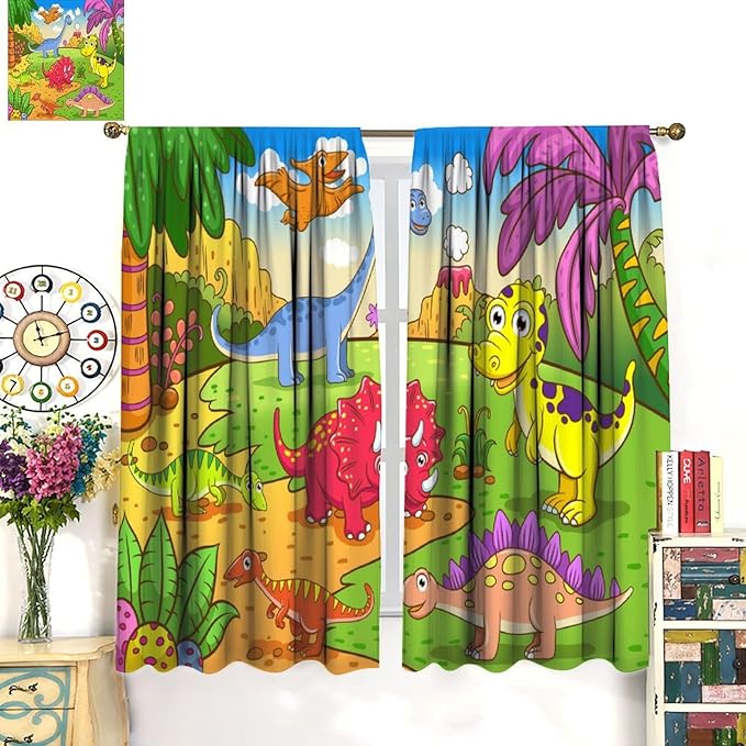 Cute Dinosaur Curtains, Colorful Cartoon Dino Pattern Blackout Window Treatments, Rod Pocket Thermal Insulated Drapes 2 Panel Sets for Kids Bedroom Nursery Classroom, 63" W X 63" L