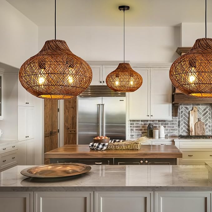 15in Rattan Light Fixture, 2-Light Wicker Woven Chandelier Rustic Pendant Lights Rattan Hanging Lamp for Kitchen Island Dining Room Yard Restaurant Garden Design