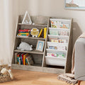 4 Tier Kid Bookshelf Wooden 5 Sling Children Bookcase Toddler Montessori Bookcase Book Rack Display Toy Storage Organizer Book Display Shelf Stand Classroom Bedroom Nursery Playroom (Grey Wood)
