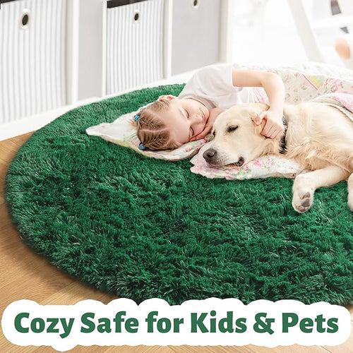 Amdrebio Dark Green Round Rug 4Ft for Bedroom, Fluffy Fuzzy Circle Area Rugs for Living Room Decor, Shaggy Emerald Green Rugs for Kids, Teen Boys, Baby Nursery, Furry Plush Floor Carpet for Classroom