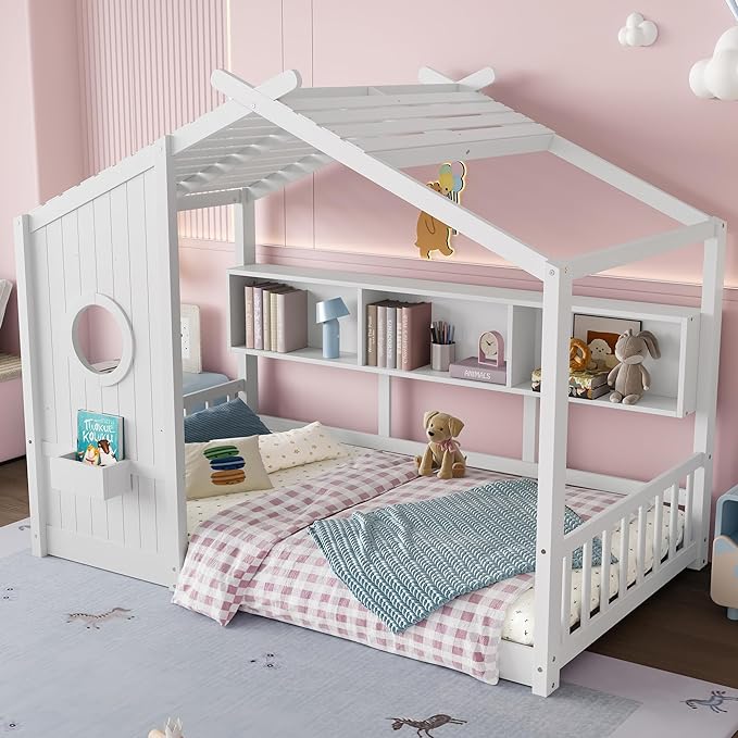 Twin Size House Bed with Storage Shelves for Kids,Kids Montessori Floor Bed, Cute Wood House Bed Frame Twin with Roof for Girls,Boys,Can be Decorated,White