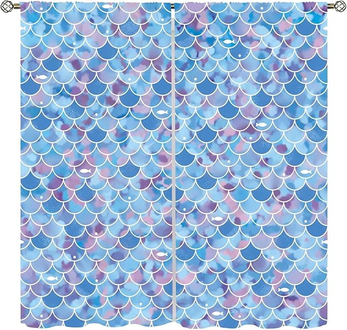 Mermaid Blackout Curtains, Kids Cartoon Blue and Pink Ocean Mermaid Scale Pattern Decoration for Girls Bedroom Nursery Curtains 72x63 Inch