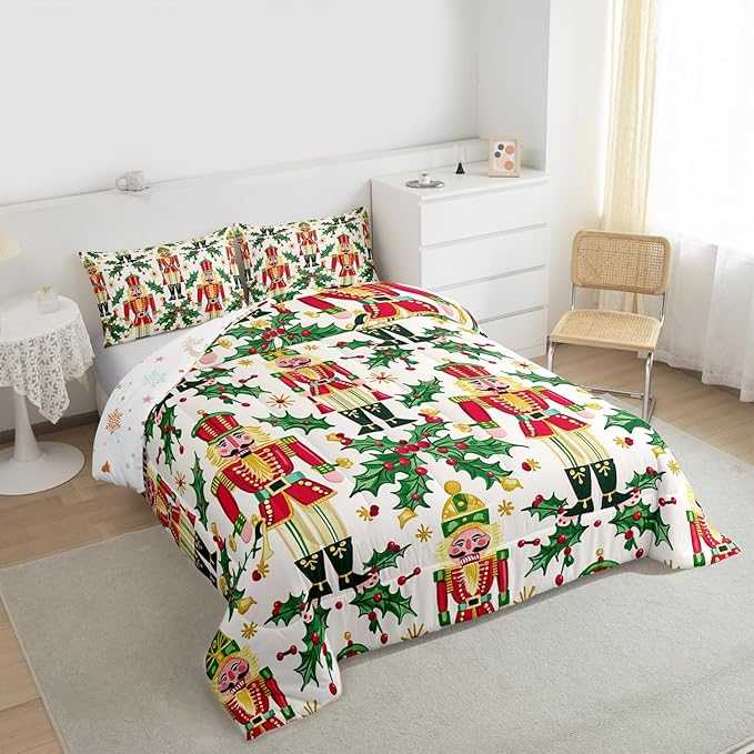 Feelyou Merry Christmas Bedding Set Soft for Boys Girls, Nutcracker Comforter Set Full Size Holly Leaves Duvet Quilt Microfiber Red Berries Bedroom Decor 3 Pcs with 2 Pillow Cases